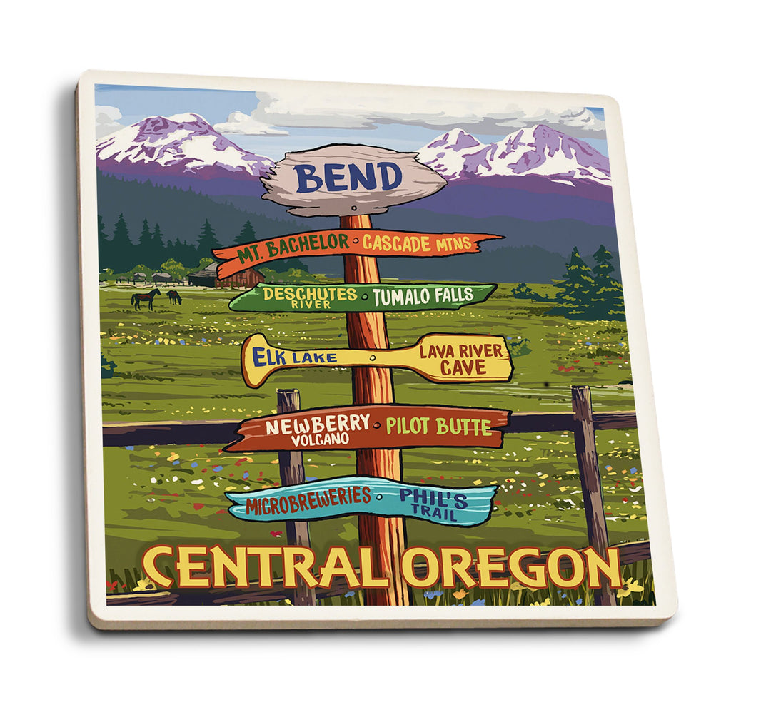 Coasters (Bend, Central Oregon, Destination Signpost, Lantern Press Artwork) Lifestyle-Coaster Lantern Press 