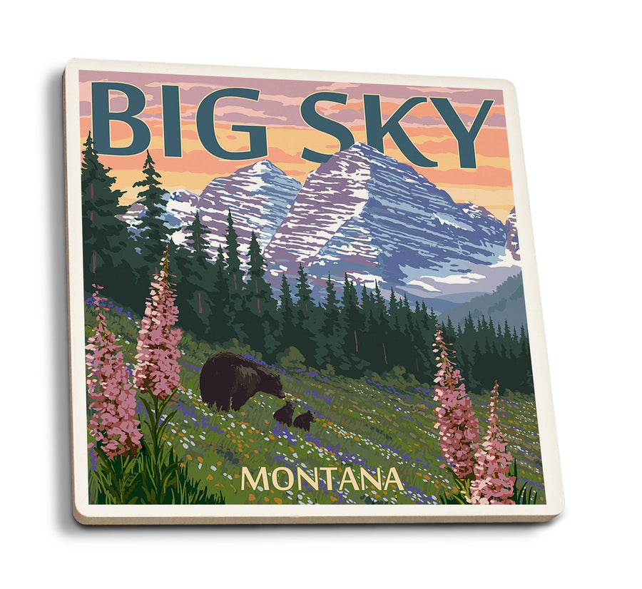 Coasters (Big Sky, Montana, Bear & Spring Flowers, Lantern Press Artwork) Coasters Lantern Press 