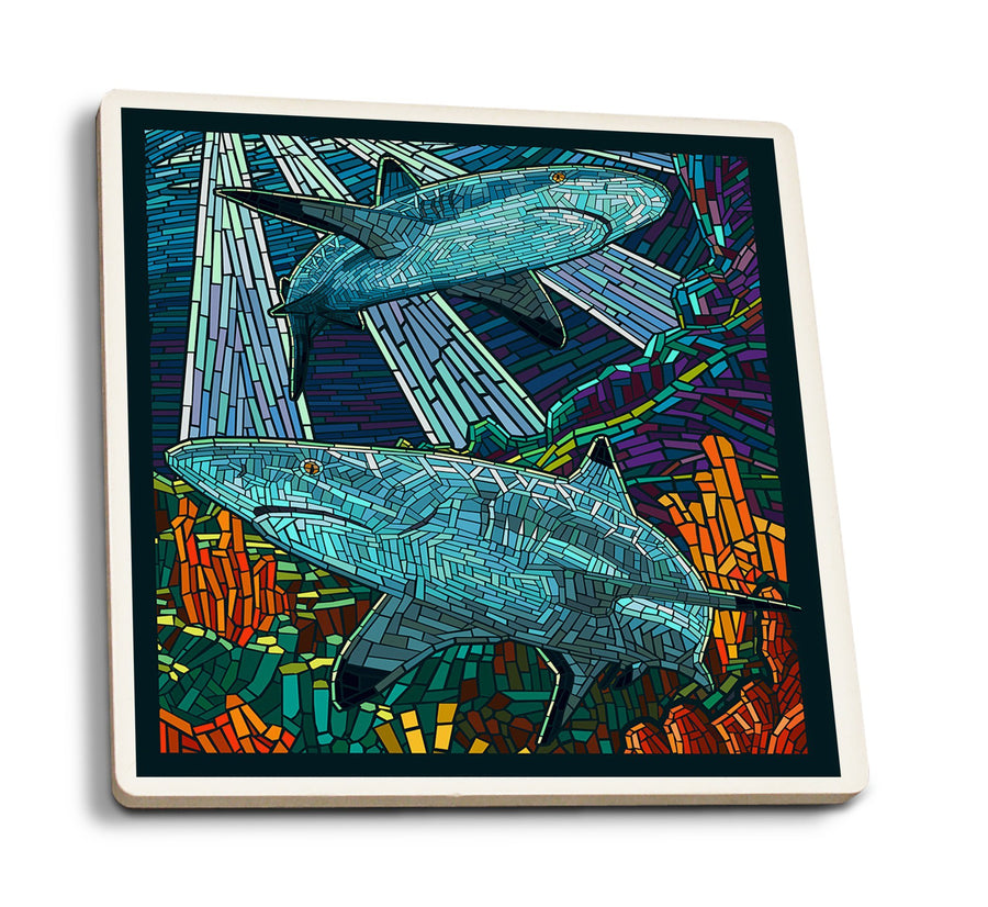 Coasters (Black Tip Reef Shark, Paper Mosaic, Lantern Press Poster) Lifestyle-Coaster Lantern Press 