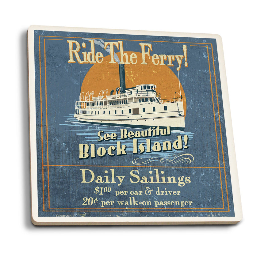 Coasters (Block Island, Rhode Island, Ferry Ride Vintage Sign, Lantern Press Artwork) Lifestyle-Coaster Lantern Press 