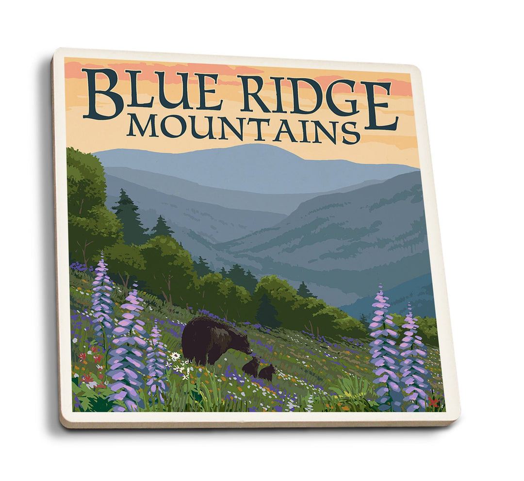 Coasters (Blue Ridge Mountains, Bear Family & Spring Flowers, Lantern Press Artwork) Lifestyle-Coaster Lantern Press 