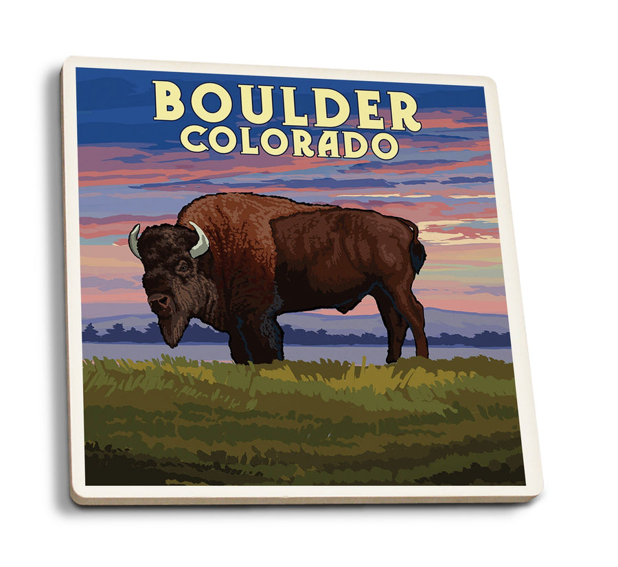 Coasters (Boulder, Colorado, Bison & Sunset, Lantern Press Artwork) Lifestyle-Coaster Lantern Press 