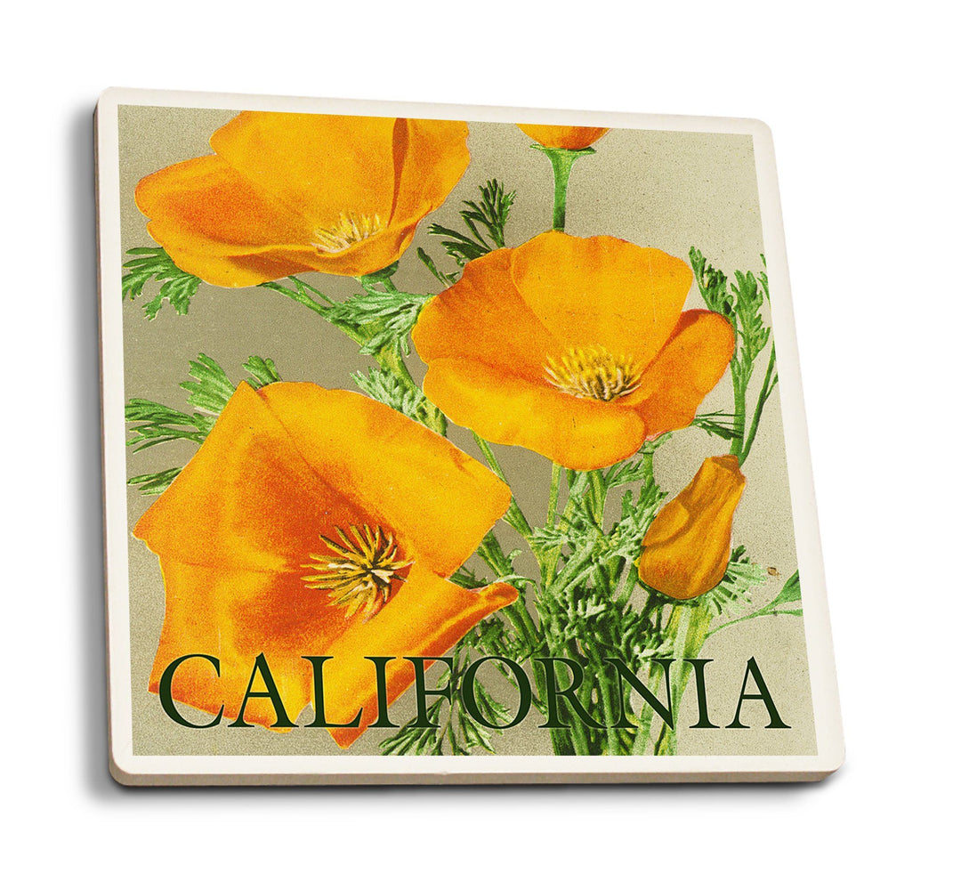 Coasters (California, Bottom Text, Poppies, Lantern Press Artwork) Lifestyle-Coaster Lantern Press 