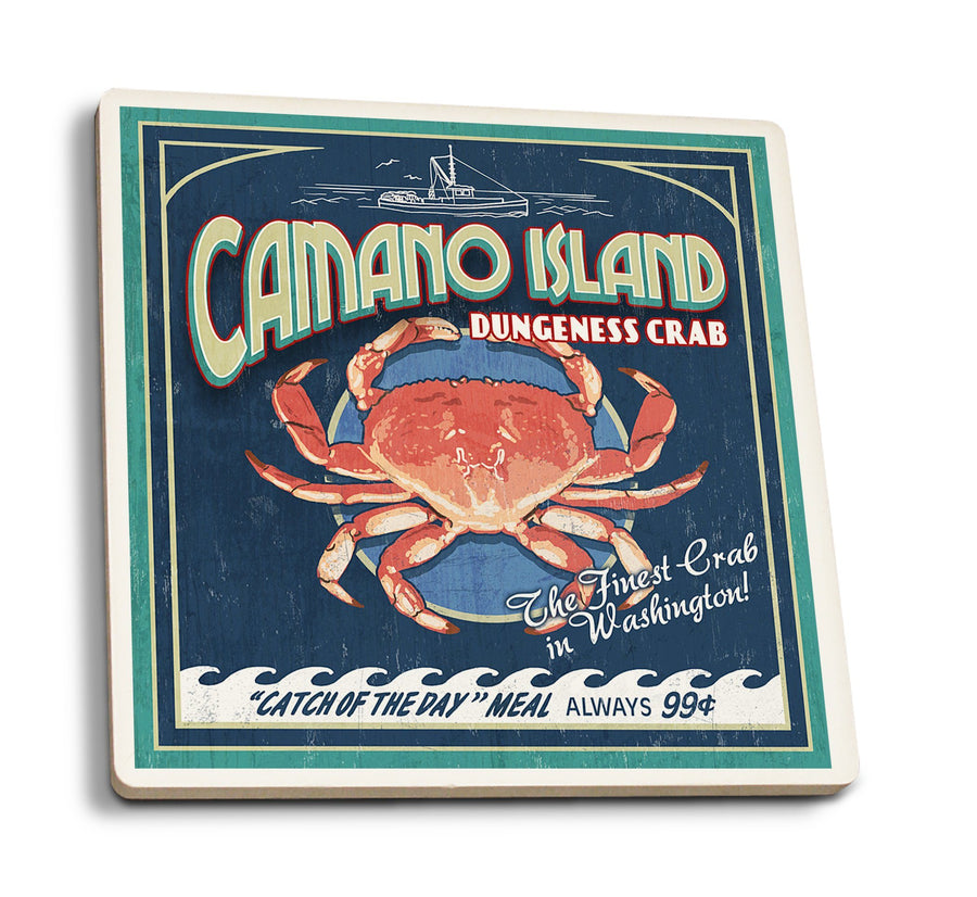 Coasters (Camano Island, Washington, Dungeness Crab Vintage Sign, Lantern Press Artwork) Lifestyle-Coaster Lantern Press 