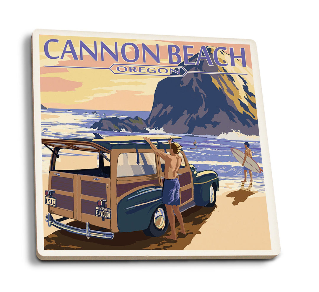 Coasters (Cannon Beach, Oregon, Woody and Haystack Rock, Lantern Press Artwork) Lifestyle-Coaster Lantern Press 