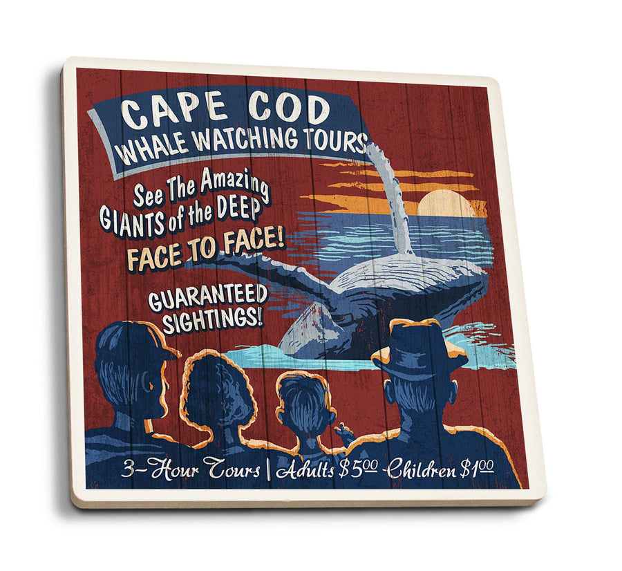 Coasters (Cape Cod, Massachusetts, Blue Whale Watching Vintage Sign, Lantern Press Artwork) Lifestyle-Coaster Lantern Press 