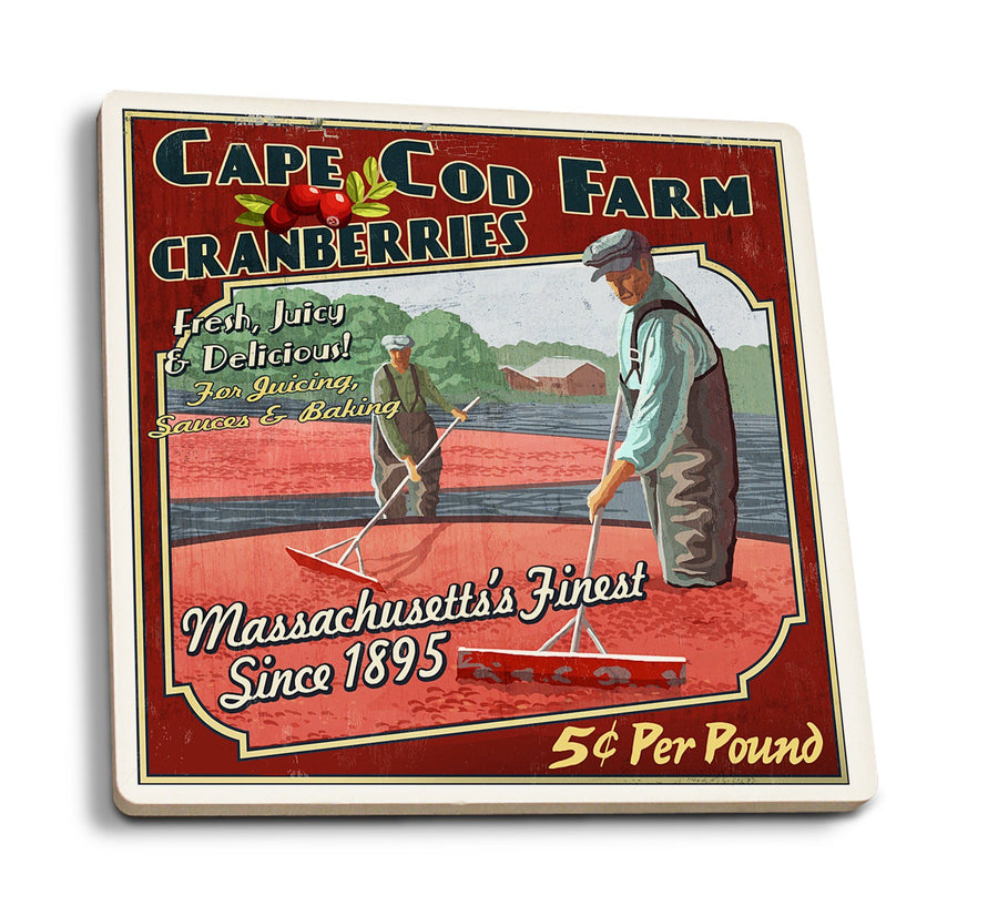 Coasters (Cape Cod, Massachusetts, Cranberry Vintage Sign, Lantern Press Artwork) Lifestyle-Coaster Lantern Press 