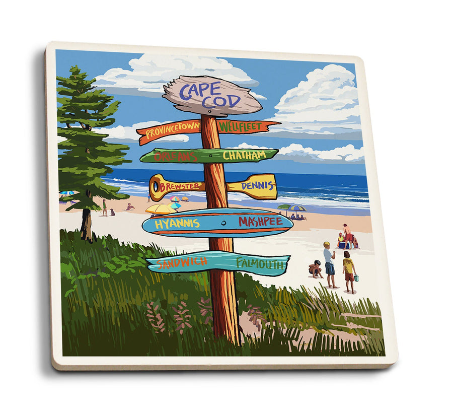 Coasters (Cape Cod, Massachusetts, Destination Signpost, Lantern Press Artwork) Lifestyle-Coaster Lantern Press 