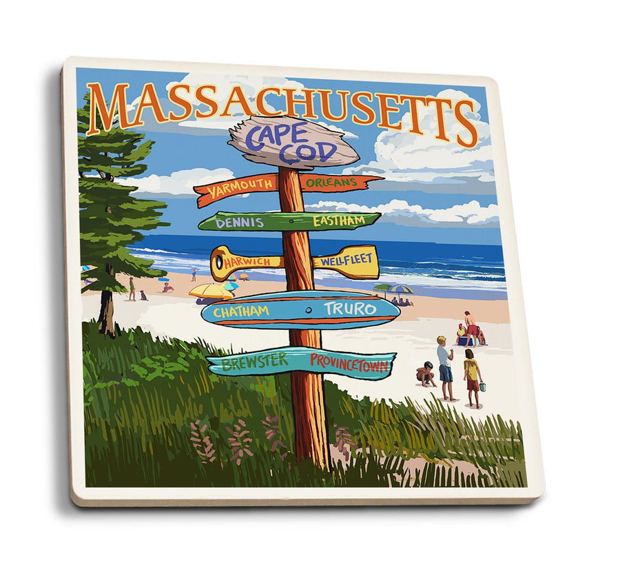 Coasters (Cape Cod, Massachusetts, Destinations Sign (Version 2), Lantern Press Artwork) Lifestyle-Coaster Lantern Press 