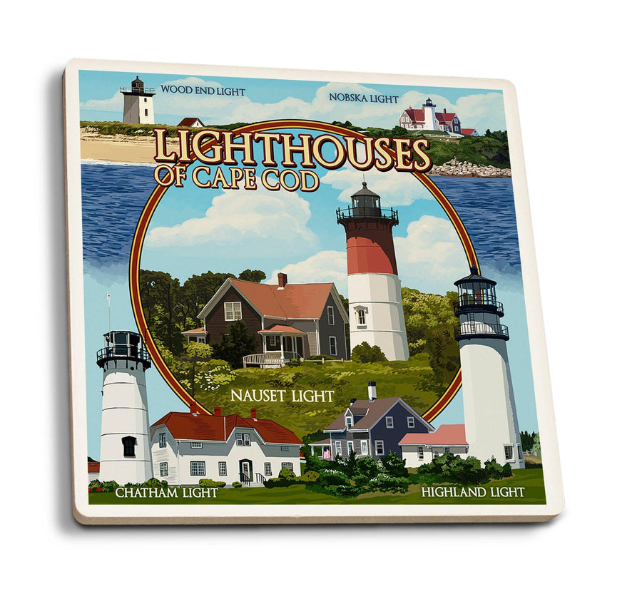 Coasters (Cape Cod, Massachusetts, Lighthouses Montage, Lantern Press Artwork) Lifestyle-Coaster Lantern Press 
