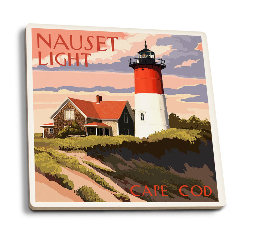 Coasters (Cape Cod, Massachusetts, Nauset Light & Sunset, Lantern Press Artwork) Lifestyle-Coaster Lantern Press 