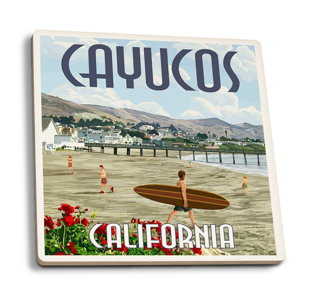 Coasters (Cayucos, California, Beach & Pier Scene, Lantern Press Artwork) Lifestyle-Coaster Lantern Press 