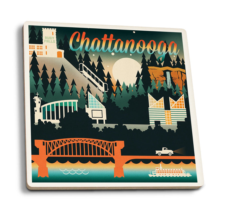 Coasters (Chattanooga, Tennessee, Retro Skyline Chromatic Series, Lantern Press Artwork) Lifestyle-Coaster Lantern Press 
