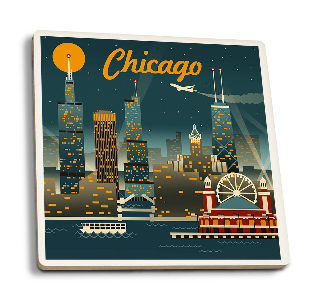 Coasters (Chicago, Illinois, Retro Skyline, Lantern Press Artwork) Lifestyle-Coaster Lantern Press 