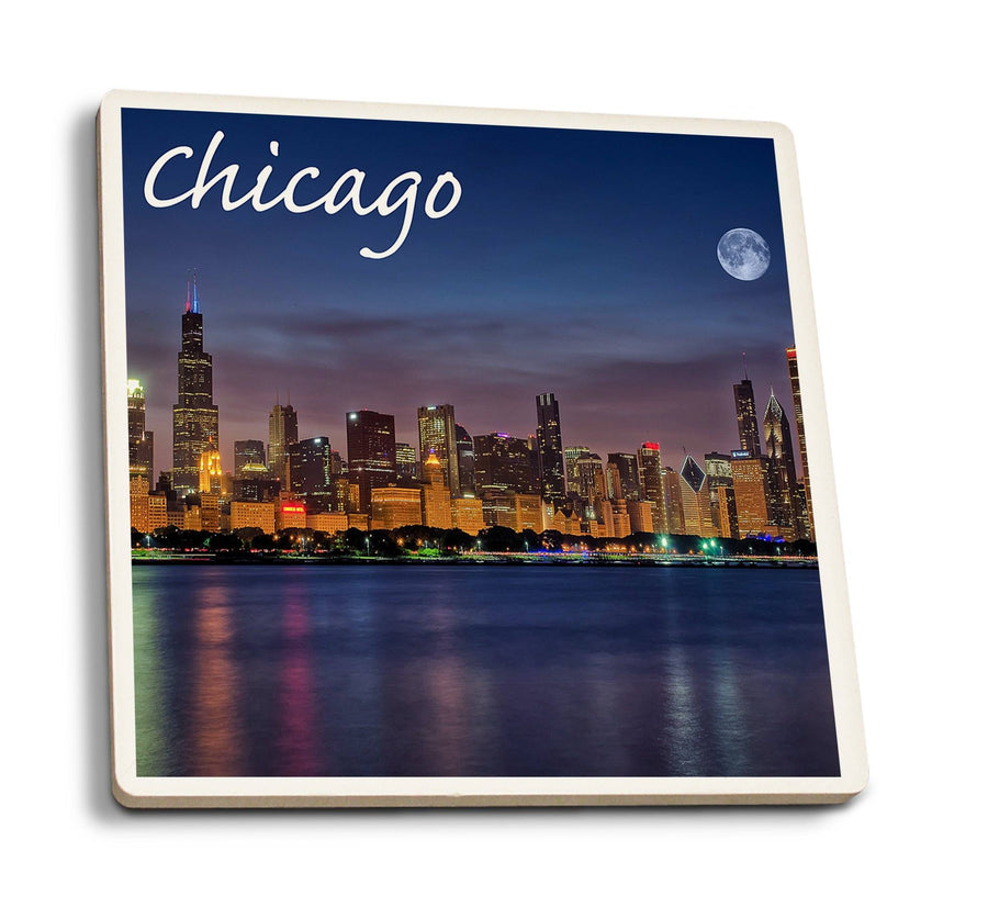 Coasters (Chicago, Illinois, Skyline at Night, Lantern Press Photography) Lifestyle-Coaster Lantern Press 