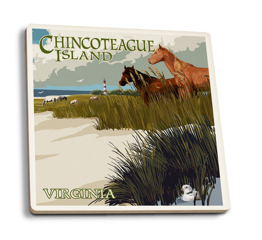 Coasters (Chincoteague Island, Virginia, Horses & Dunes, Lantern Press Artwork) Lifestyle-Coaster Lantern Press 