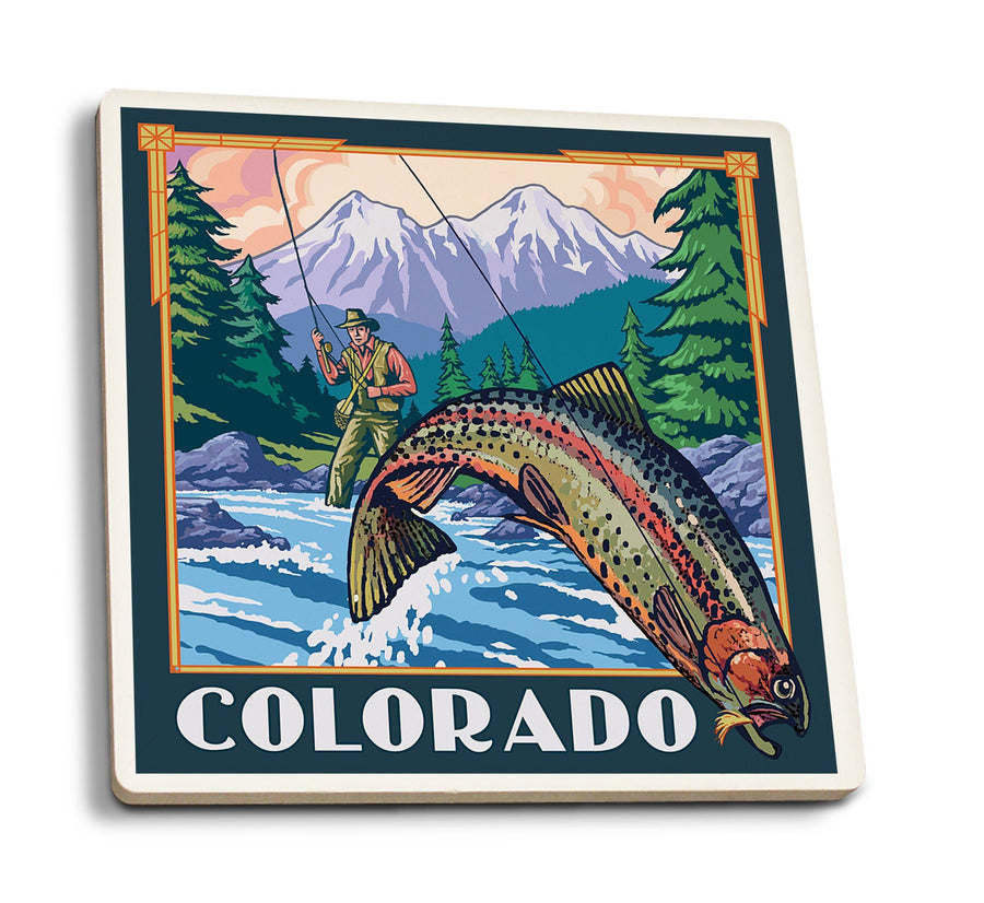 Coasters (Colorado, Angler Fly Fishing Scene (Leaping Trout), Lantern Press Artwork) Lifestyle-Coaster Lantern Press 