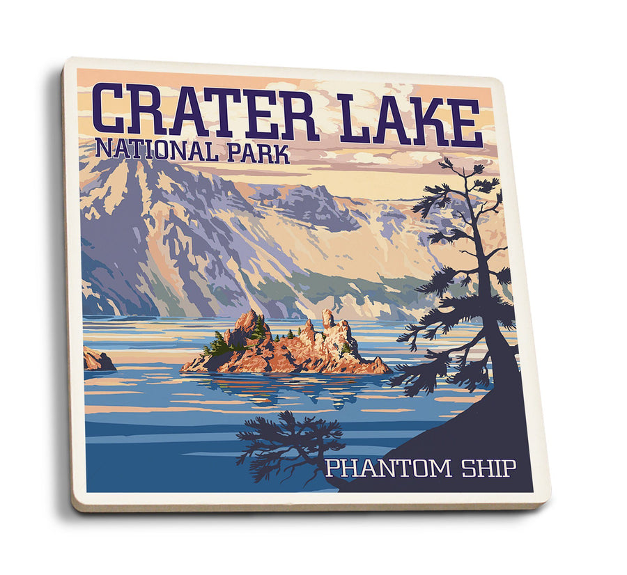 Coasters (Crater Lake National Park, Oregon, Shoreline & Sunset, Painterly Series, Lantern Press Artwork) Lifestyle-Coaster Lantern Press 