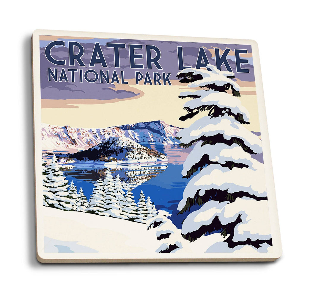Coasters (Crater Lake National Park, Oregon, Winter Scene, Painterly National Park Series, Lantern Press Artwork) Lifestyle-Coaster Lantern Press 