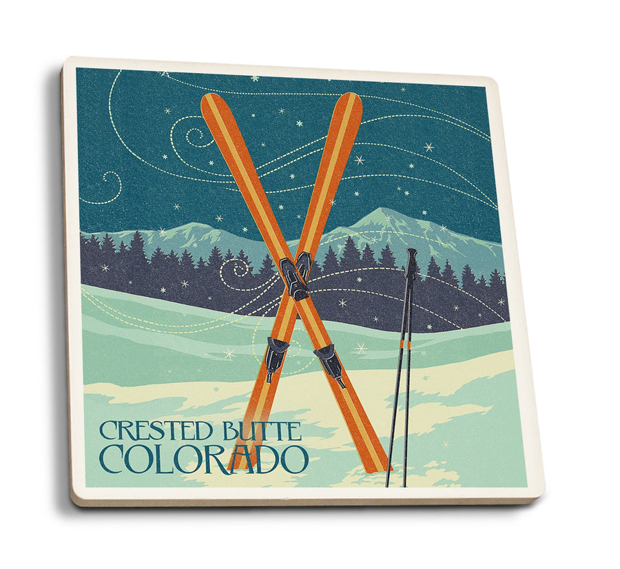 Coasters (Crested Butte, Colorado, Crossed Skis, Letterpress, Lantern Press Artwork) Lifestyle-Coaster Lantern Press 