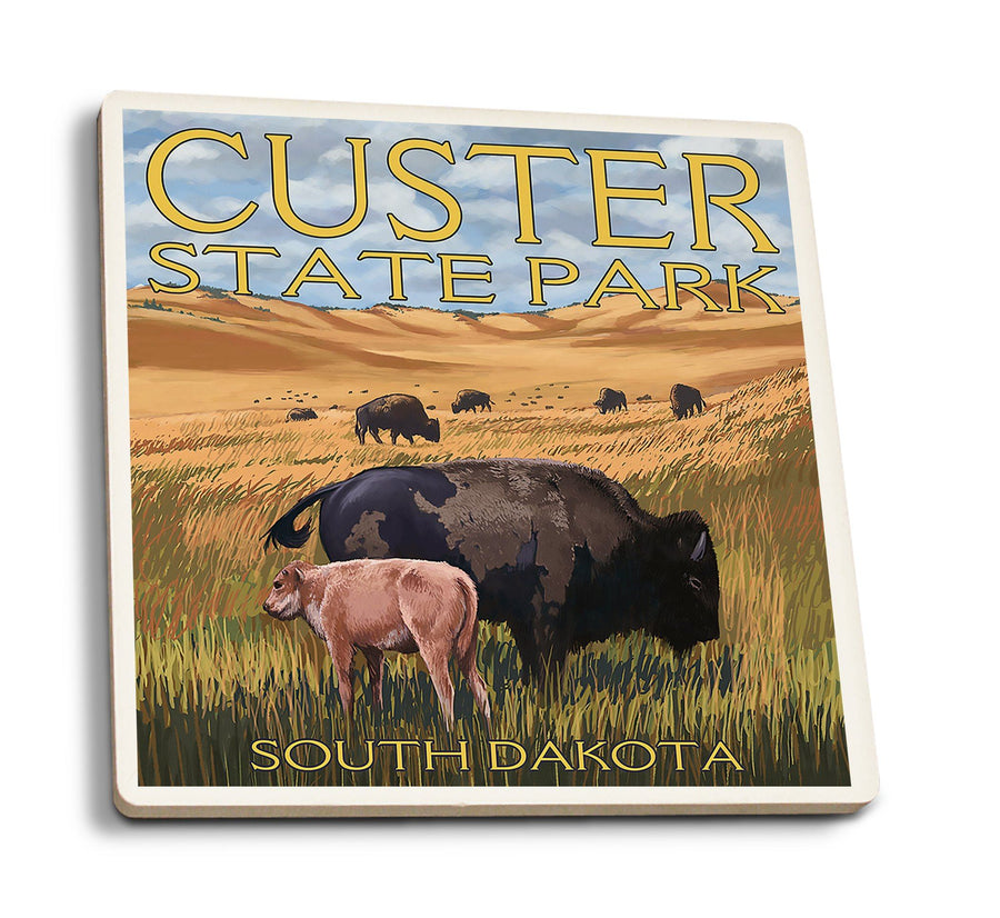 Coasters (Custer Park, South Dakota, Buffalo Herd and Calf, Lantern Press Artwork) Lifestyle-Coaster Lantern Press 