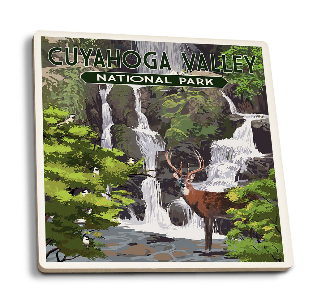 Coasters (Cuyahoga Valley National Park, Ohio, Deer and Falls, Painterly Series, Lantern Press Artwork) Lifestyle-Coaster Lantern Press 