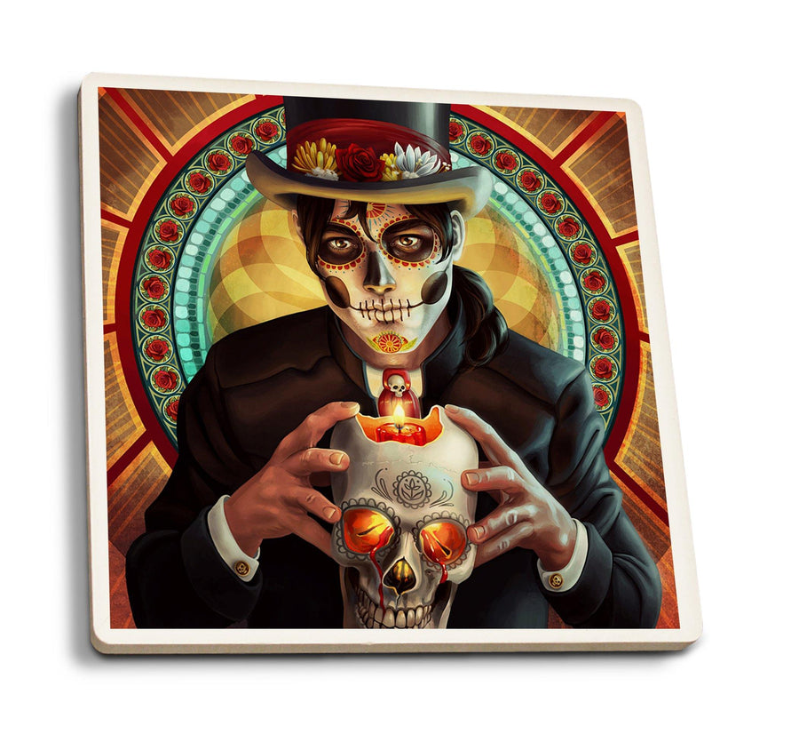 Coasters (Day of the Dead, Man and Candle, Lantern Press Artwork) Lifestyle-Coaster Lantern Press 