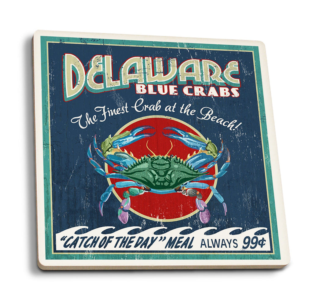 Coasters (Delaware Blue Crabs Vintage Sign, Best at the Beach, Lantern Press Artwork) Lifestyle-Coaster Lantern Press 