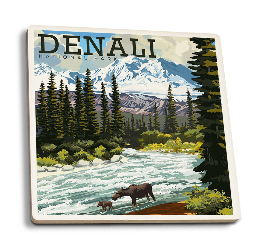 Coasters (Denali National Park, Alaska, Moose and River Rapids, Lantern Press Artwork) Lifestyle-Coaster Lantern Press 