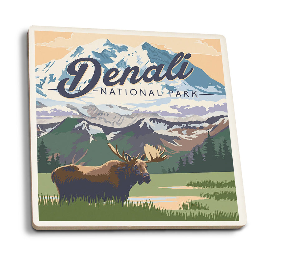 Coasters (Denali National Park, Alaska, Moose & Mountains, Lantern Press Artwork) Lifestyle-Coaster Lantern Press 