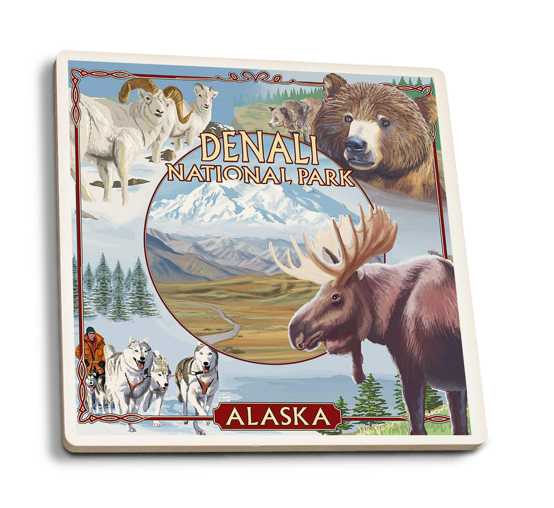 Coasters (Denali National Park, Alaska, Park Views, Lantern Press Artwork) Lifestyle-Coaster Lantern Press 