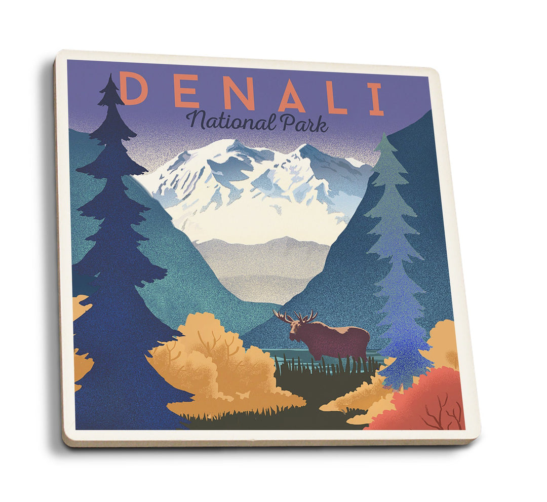 Coasters (Denali National Park, Mountain Scene, Lithograph, Lantern Press Artwork) Lifestyle-Coaster Lantern Press 