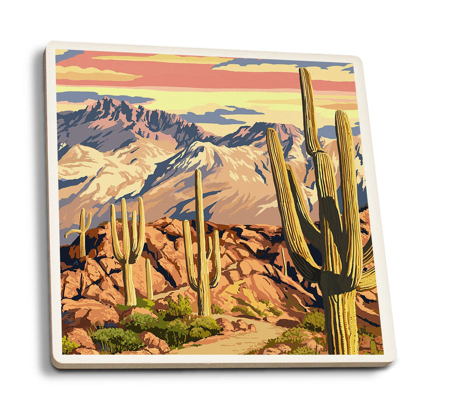 Coasters (Desert Cactus Trail Scene at Sunset, Lantern Press Artwork) Lifestyle-Coaster Lantern Press 
