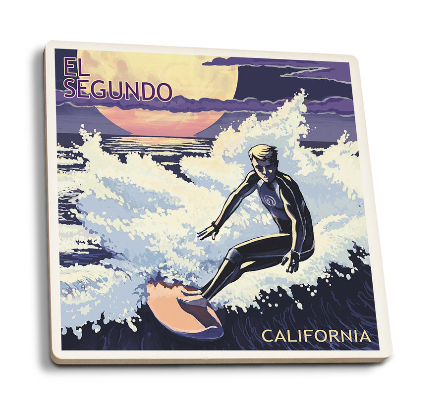 Coasters (El Segundo, California, Night Surfer, Lantern Press Poster) Lifestyle-Coaster Lantern Press 