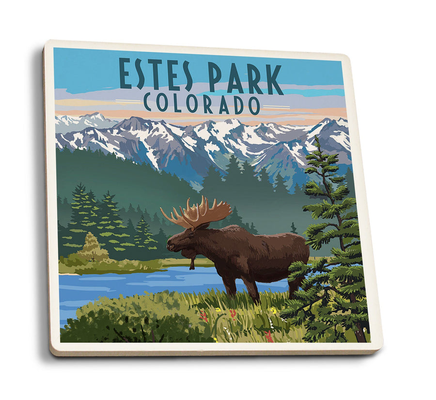 Coasters (Estes Park, Colorado, Moose, Summer Scene, Lantern Press Artwork) Lifestyle-Coaster Lantern Press 