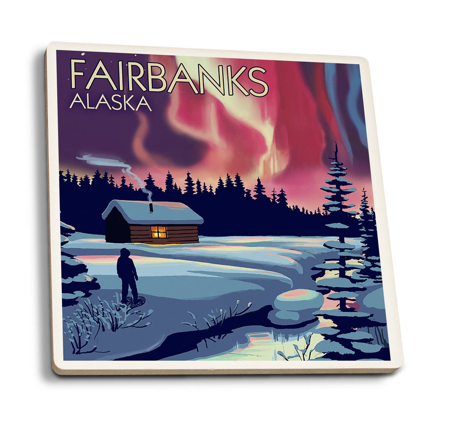 Coasters (Fairbanks, Alaska, Northern Lights & Cabin, Lantern Press Artwork) Lifestyle-Coaster Lantern Press 