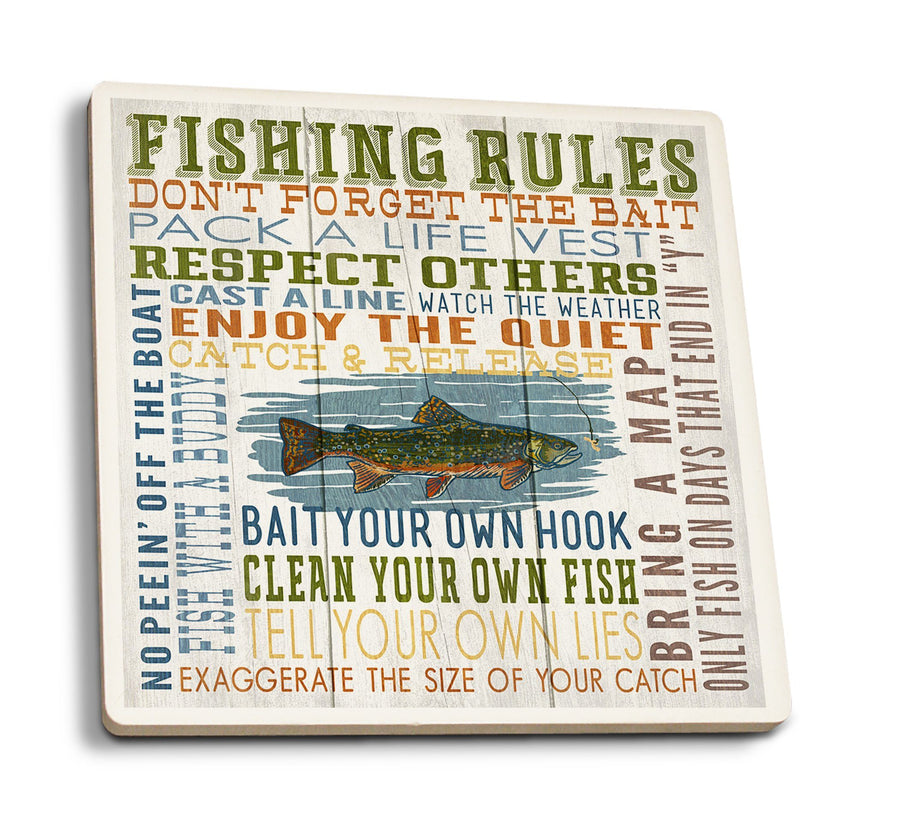 Coasters (Fishing Rules, Rustic Typography, Lantern Press Artwork) Lifestyle-Coaster Lantern Press 