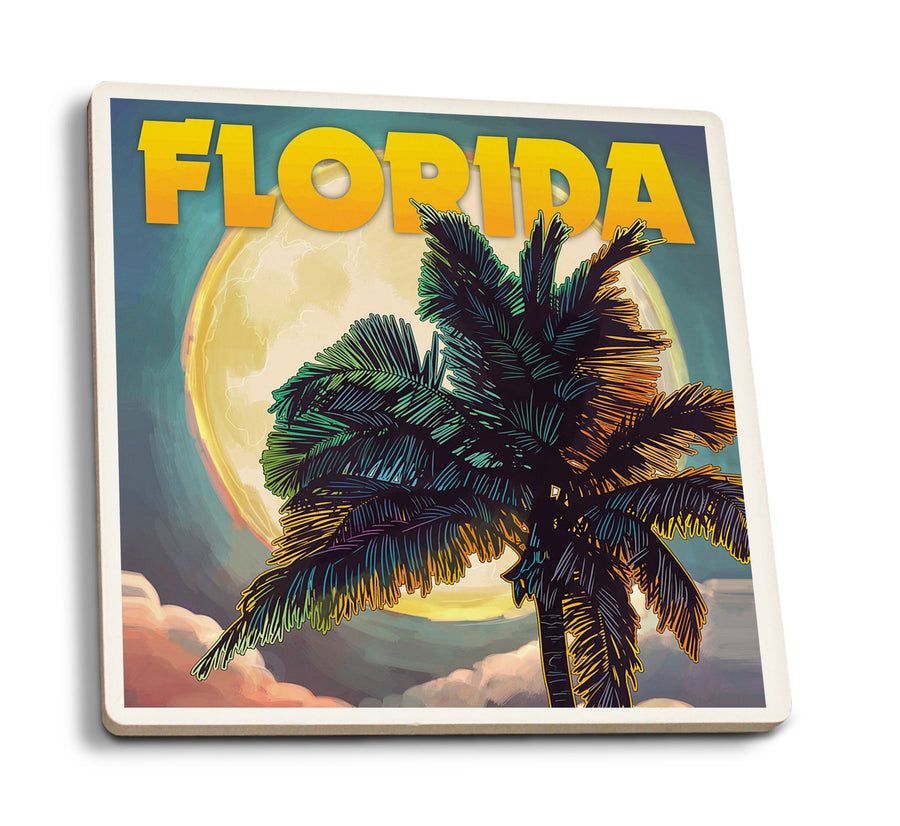 Coasters (Florida, Sunset and Palm Tree, Lantern Press Artwork) Lifestyle-Coaster Lantern Press 