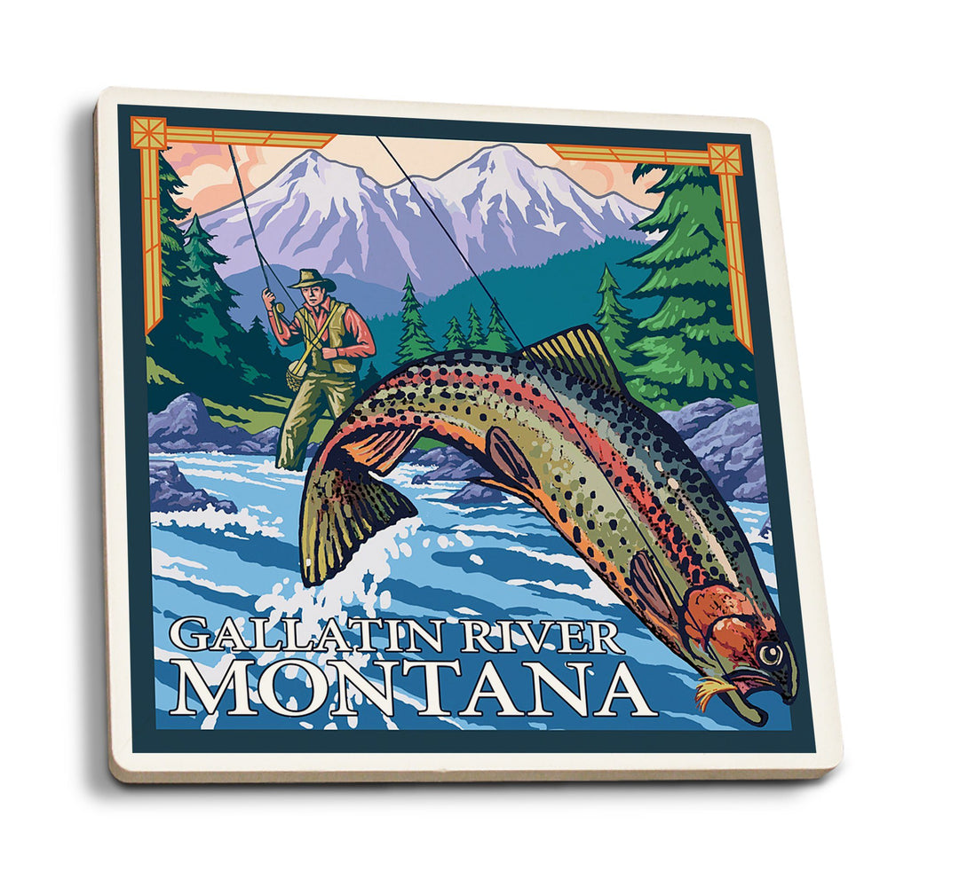 Coasters (Gallatin River, Montana, Fly Fishing Scene, Lantern Press Artwork) Lifestyle-Coaster Lantern Press 
