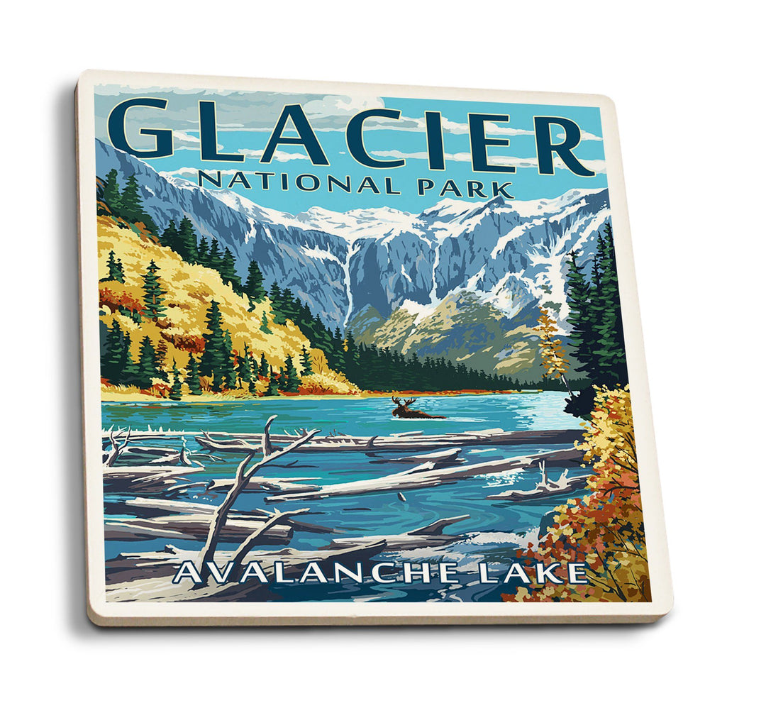 Coasters (Glacier National Park, Montana, Avalanche Lake Illustration, Lantern Press Artwork) Lifestyle-Coaster Lantern Press 