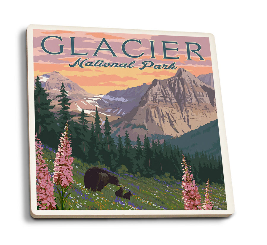 Coasters (Glacier National Park, Montana, Bear and Spring Flowers, Mountains, Lantern Press Artwork) Lifestyle-Coaster Nightingale Boutique 