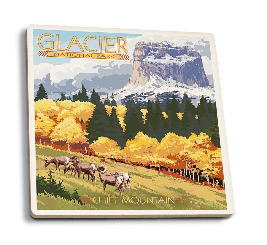 Coasters (Glacier National Park, Montana, Chief Mountain & Big Horn Sheep, Lantern Press Artwork) Lifestyle-Coaster Lantern Press 