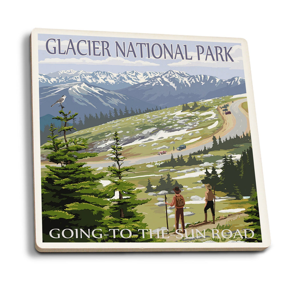 Coasters (Glacier National Park, Montana, Going to the Sun Road & Hikers, Lantern Press Artwork) Lifestyle-Coaster Lantern Press 
