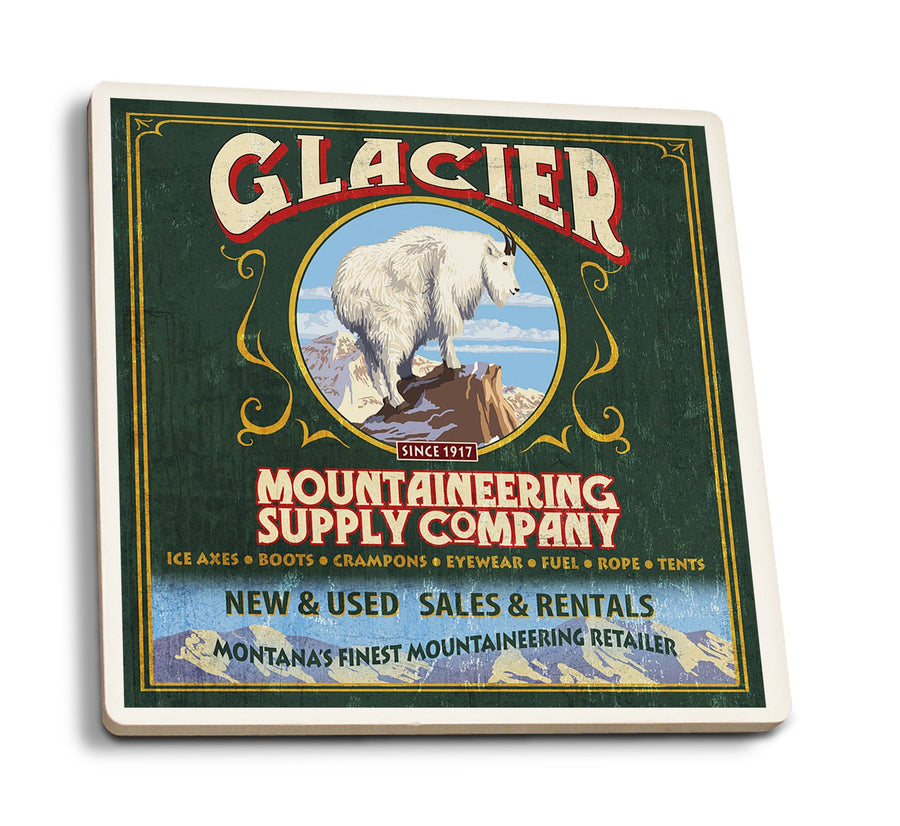 Coasters (Glacier National Park, Montana, Mountain Goat Vintage Sign, Lantern Press Artwork) Lifestyle-Coaster Lantern Press 