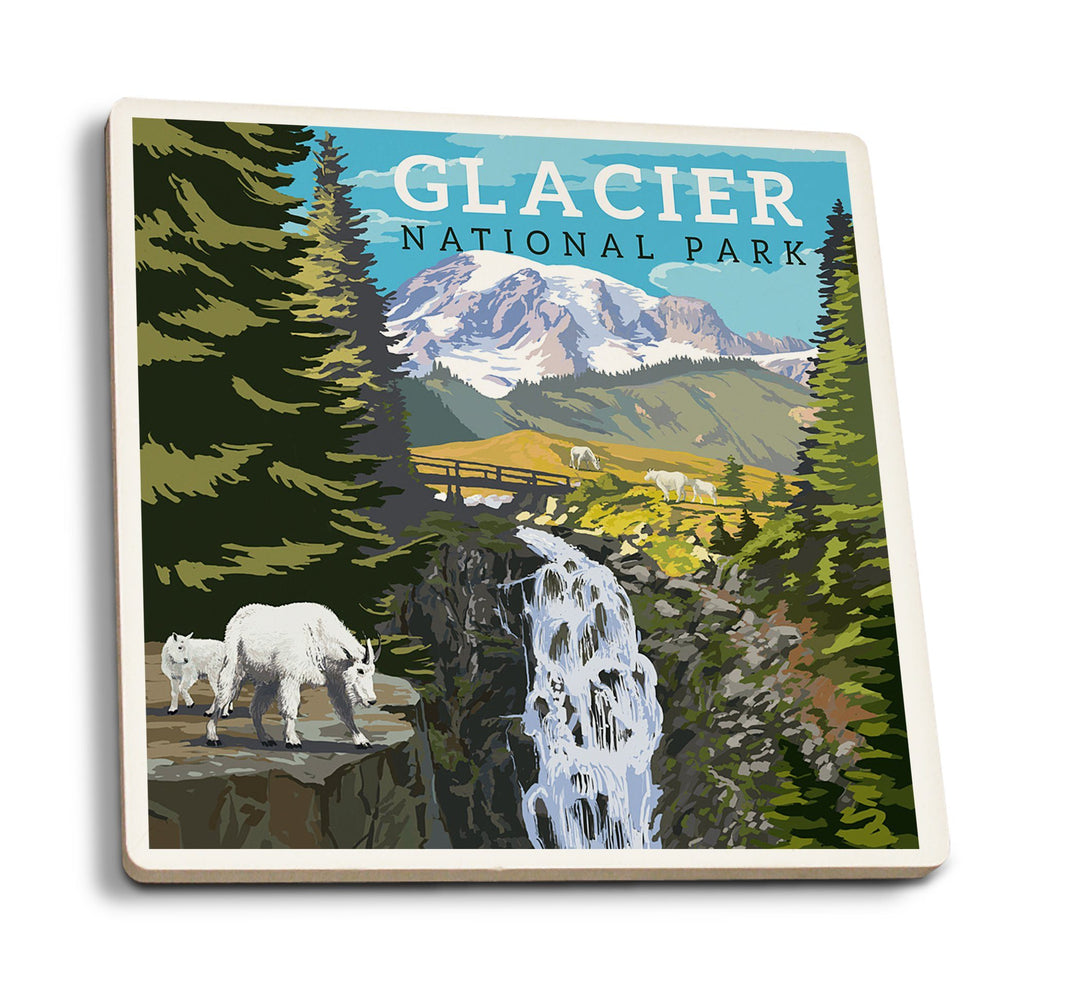 Coasters (Glacier National Park, Montana, Mountain Goats & Waterfall, Lantern Press Artwork) Lifestyle-Coaster Lantern Press 