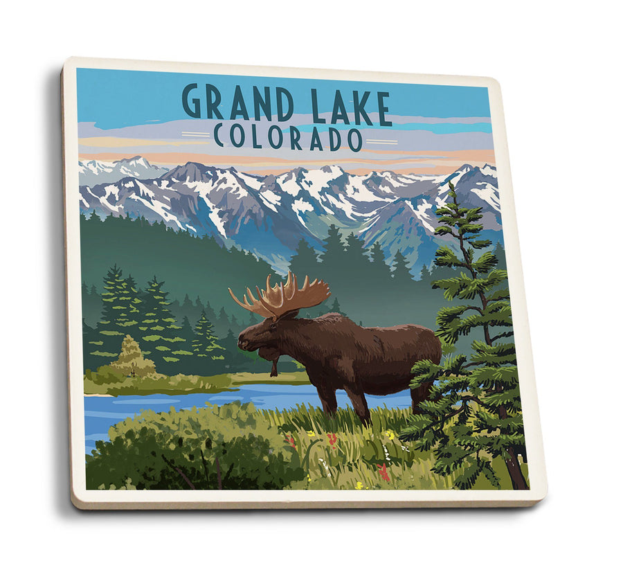 Coasters (Grand Lake, Colorado, Moose & Mountains, Lantern Press Artwork) Lifestyle-Coaster Lantern Press 