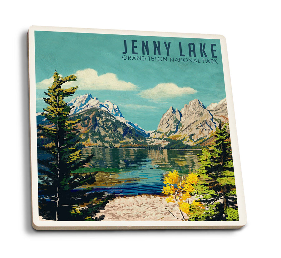 Coasters (Grand Teton National Park, Wyoming, Jenny Lake, Oil Painting, Lantern Press Artwork) Lifestyle-Coaster Lantern Press 