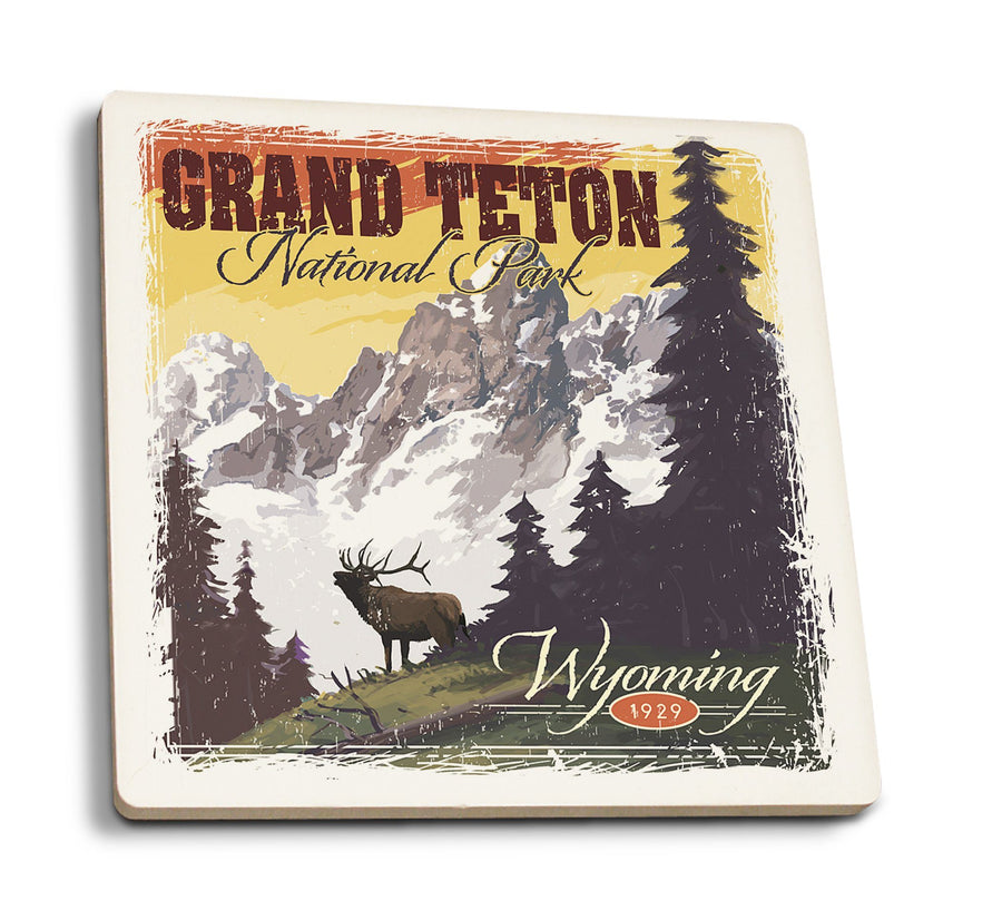 Coasters (Grand Teton National Park, Wyoming, Mountain View & Elk, Distressed, Lantern Press Artwork) Lifestyle-Coaster Lantern Press 