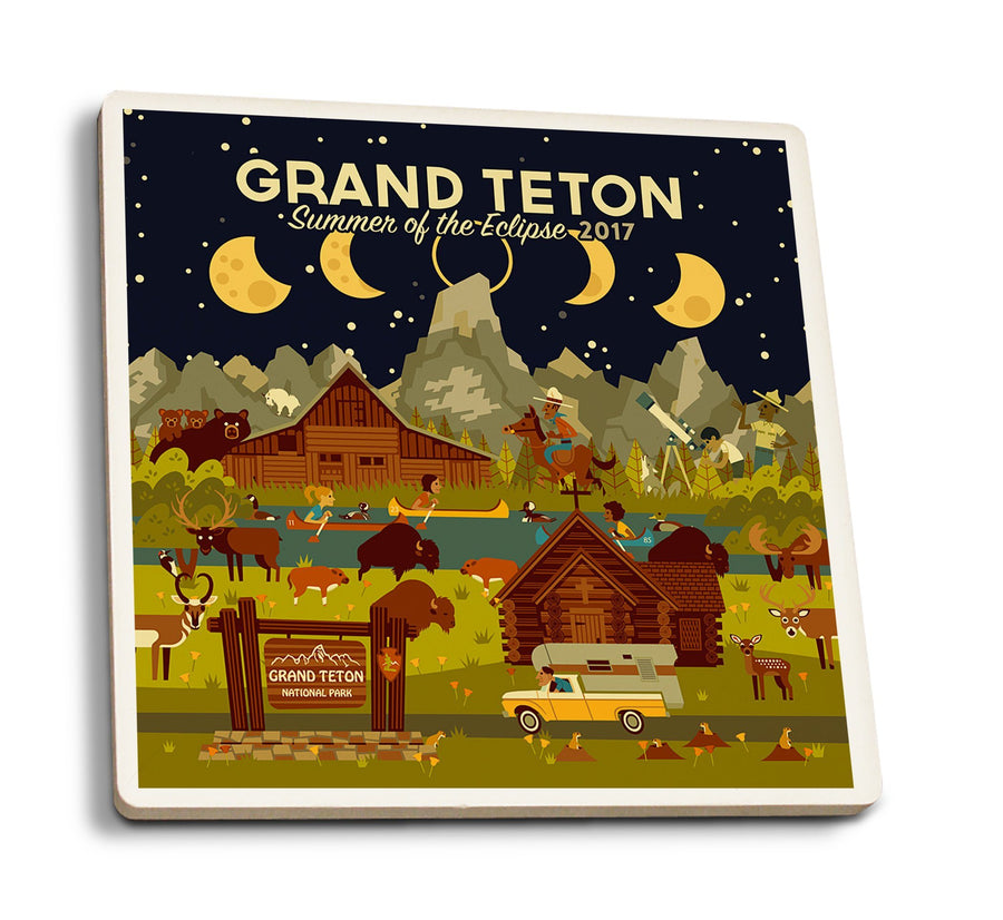 Coasters (Grand Teton National Park, Wyoming, Summer of the Eclipse, Geometric, Lantern Press Artwork) Lifestyle-Coaster Lantern Press 