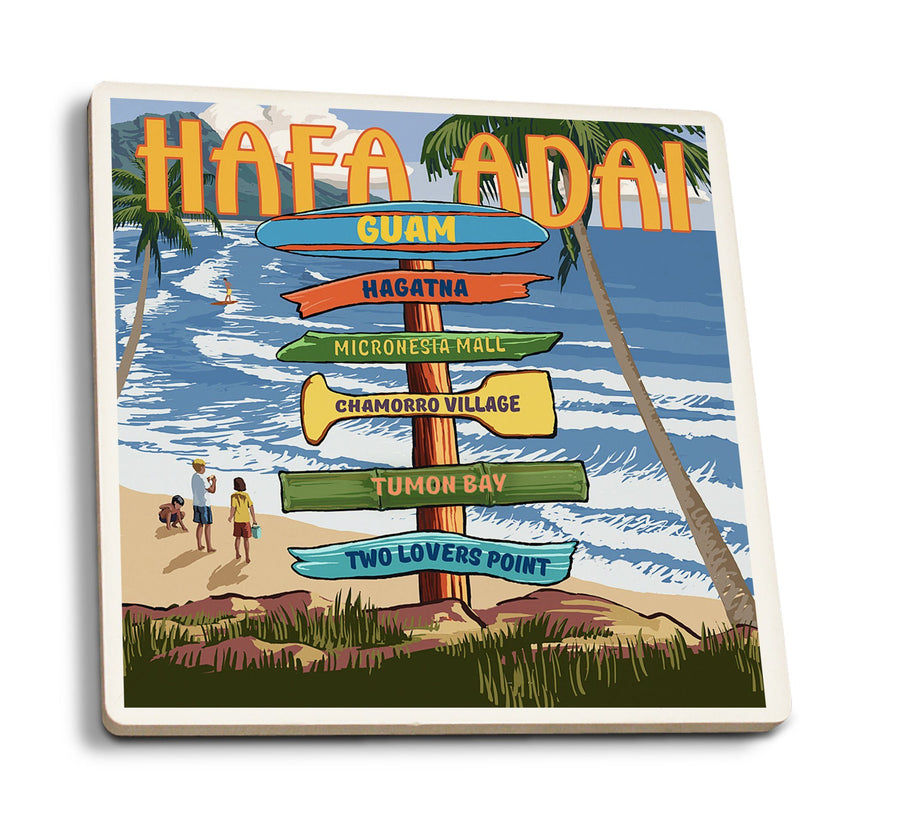 Coasters (Hafa Adai, Guam, Destination Signpost, Lantern Press Artwork) Lifestyle-Coaster Lantern Press 